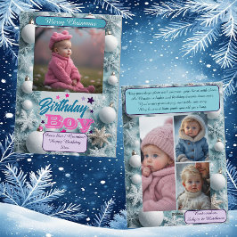 Blue Birthday Boy White Christmas Snowflakes Photo Feiertagskarte