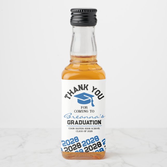 Blue & Black Abschluss Danke Mini Alkoholflaschenetikett (Vorderseite)