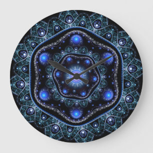 Blue Black Aquamarin Shining Lace Boho Fraktal Man Große Wanduhr