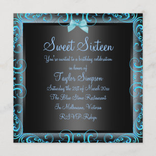 Blue/Black Bow & Frame Sweet16 Geburtstag Einladun Einladung