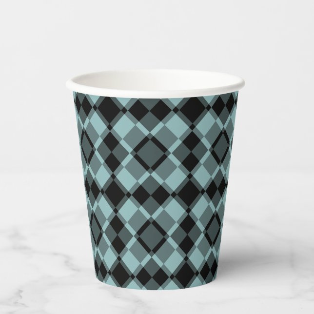 Blue Black Checker Argyle Pattern Pappbecher (Vorderseite)