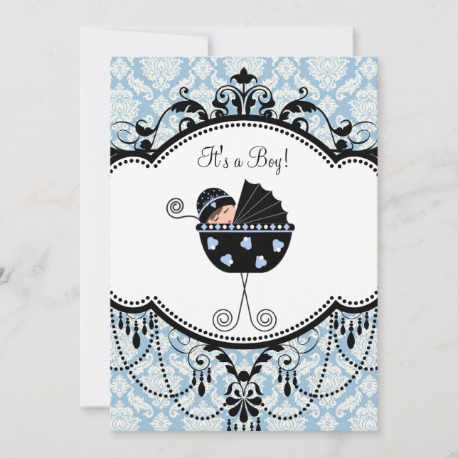 Blue Black Damask Baby Boy Dusche Einladungen (Vorderseite)