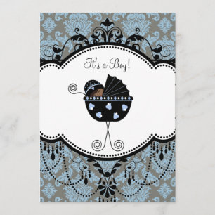 Blue Black Damask Baby Boy Dusche Einladungen