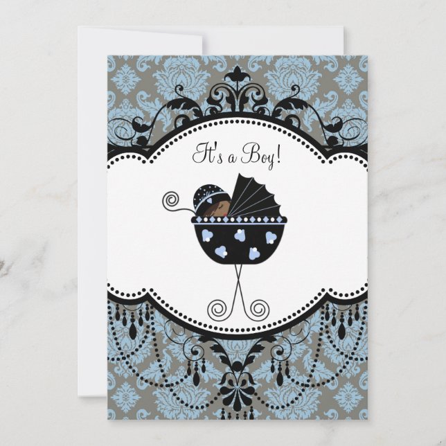 Blue Black Damask Baby Boy Shower Invitations (Devant)