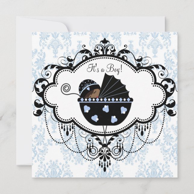 Blue Black Damask Baby Boy Shower Invitations (Devant)