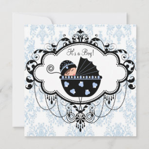 Blue Black Damask Baby Boy Shower Invitations