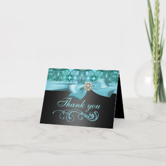 Blue/Black Damask & Bow Dankeschön Karte