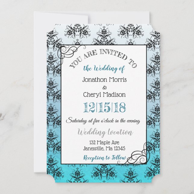 Blue Black Damask Classy Wedding invitations (Devant)