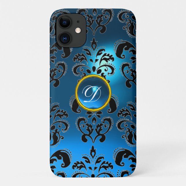 BLUE BLACK DAMASK GEM MONOGRAMM Case-Mate iPhone HÜLLE (Rückseite)