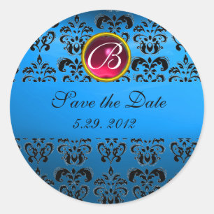 BLUE BLACK DAMASK MONOGRAM, roter Rubinsaphir Runder Aufkleber