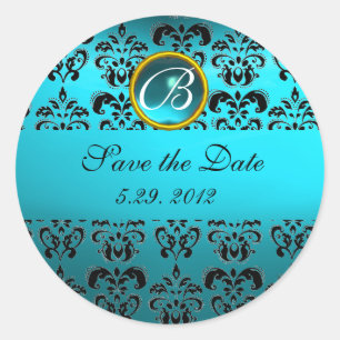BLUE BLACK DAMASK MONOGRAM, Turquase aquamarin Runder Aufkleber
