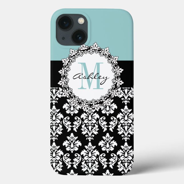 Blue Black Fleur de Lis Damask Monogram Case-Mate iPhone Hülle (Rückseite)