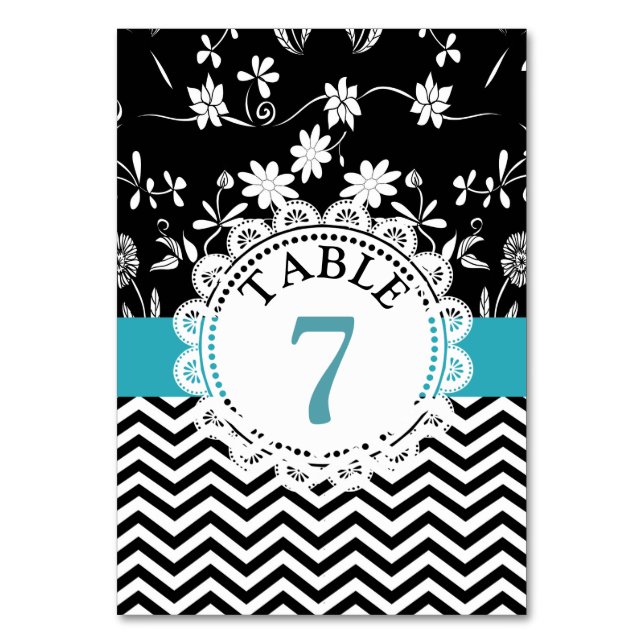 Blue Black Floral Wedding Tischnummer Card (Vorderseite)