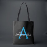 Blue Black Girl Script Monogram Name Modern Tasche<br><div class="desc">Schwarz und Blau Elegant Fügen Sie Ihren eigenen Namen Monogram Book Bag. Diese Büchertasche kann auf Ihren Vor- und Vornamen angepasst werden und als Geschenk für Weihnachten,  Geburtstag,  Brautparty oder Hochzeit.</div>