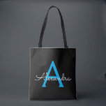 Blue Black Girl Script Monogram Name Modern Tasche<br><div class="desc">Schwarz und Blau Elegant Fügen Sie Ihren eigenen Namen Monogram Book Bag. Diese Büchertasche kann auf Ihren Vor- und Vornamen angepasst werden und als Geschenk für Weihnachten,  Geburtstag,  Brautparty oder Hochzeit.</div>