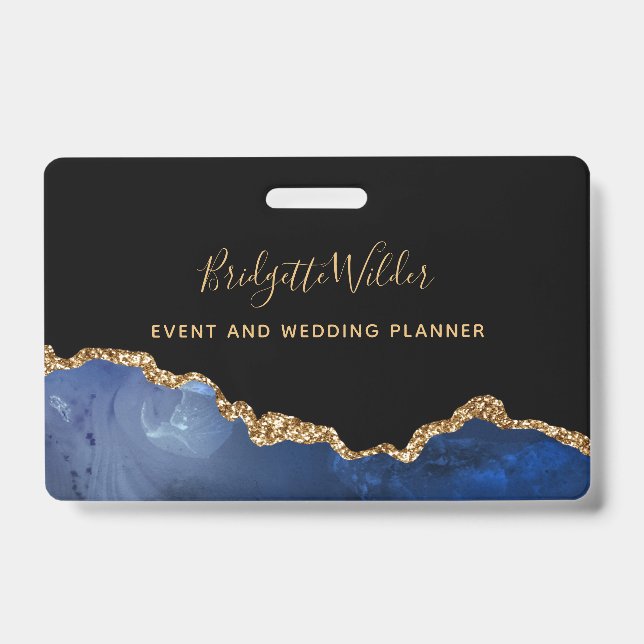 Blue Black Gold Foil Agate Event Planner Ausweis (Vorderseite)