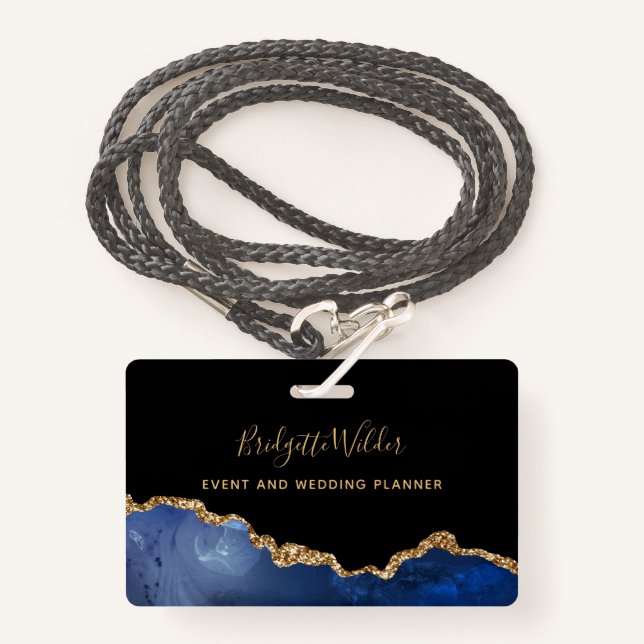 Blue Black Gold Foil Agate Event Planner Ausweis (Vorderseite mit Schlüsselband)