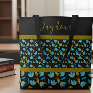 Blue Black Gold Moderne Custom Floral Tasche