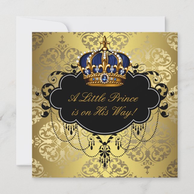 Blue Black Gold Prince Baby Dusche Einladung (Vorderseite)