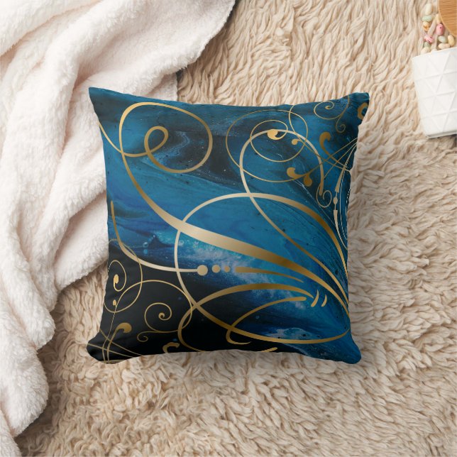 Blue Black Gold Wirbel Schnörkel Kissen (Decke)