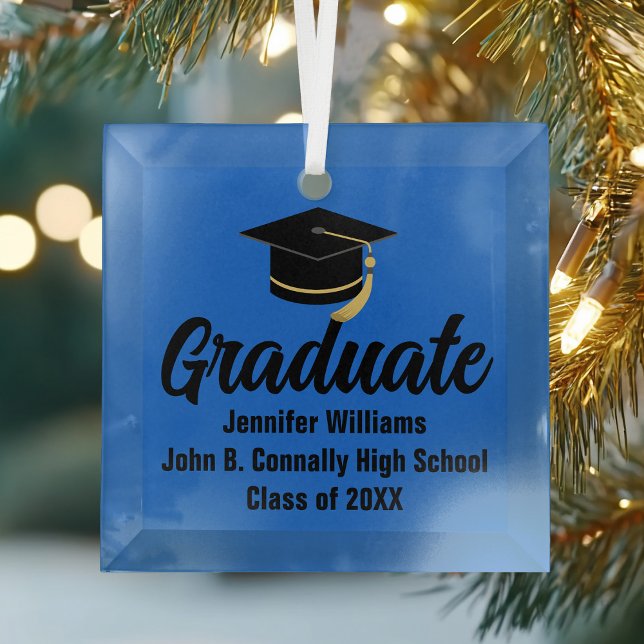 Blue Black Graduate Personalisierter Abschluss Ornament Aus Glas (Von Creator hochgeladen)