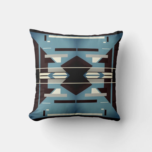 Blue Black Gray Beige Südwest Art Look Abstrakt Kissen (Vorderseite)