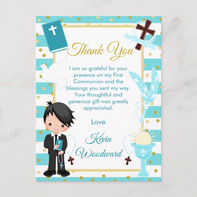 Blue Black Hair Boy Erste Kommune Vielen Dank Postkarte (Vorderseite)