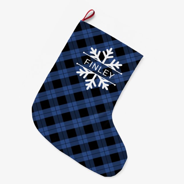Blue Black Kariert Snowflakes Großer Weihnachtsstrumpf (Vorderansicht (hängend))