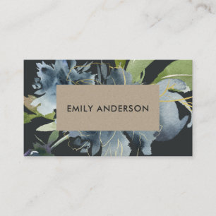 BLUE BLACK KRAFT GREEN GOLD FLORAL WATERCOLOR VISITENKARTE