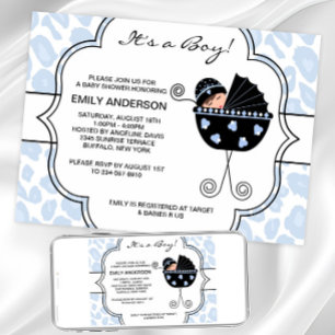 Blue Black Leopard Baby Boy Dusche Einladungen