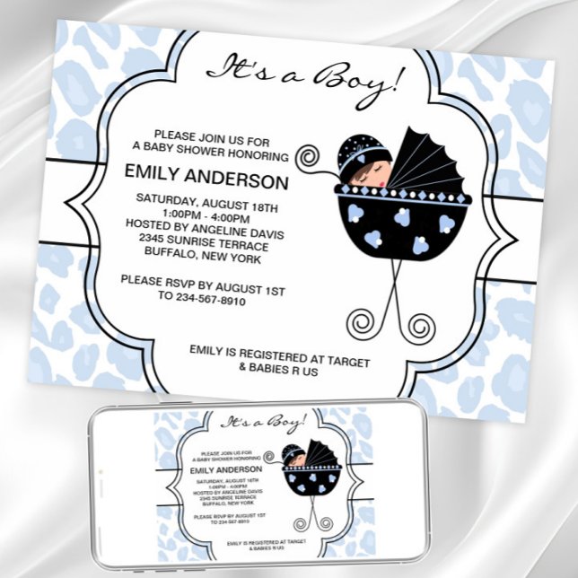 Blue Black Leopard Baby Boy Dusche Einladungen (Sweet carriage baby shower invitation. Instant download and printed invitations available.)