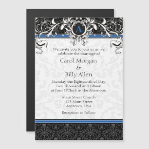 Blue Black Monogram Magnetic Wedding Einladung