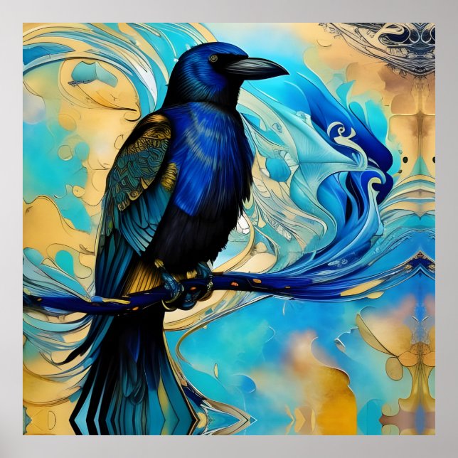 Blue Black Raven auf Blue und Gold abstrakt Poster (Vorne)