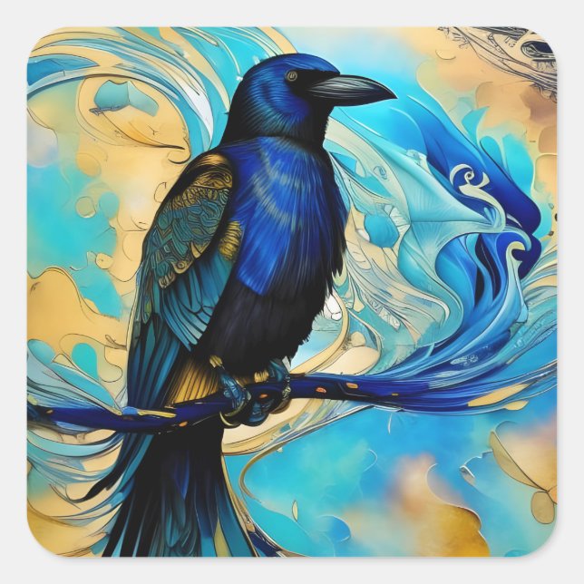 Blue Black Raven auf Blue und Gold abstrakt Quadratischer Aufkleber (Vorderseite)