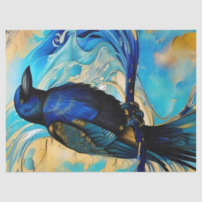 Blue Black Raven auf Blue und Gold abstrakt Seidenpapier (Vorderseite)