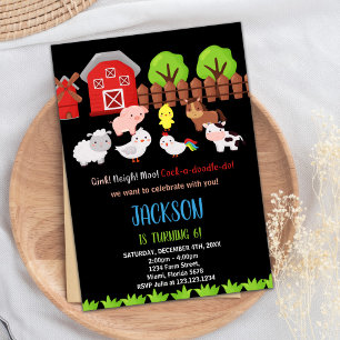 Blue Black Red Farm Animaux Invitations Anniversai
