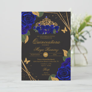 Blue Black Rose Tiara Gold Glitzer Quinceañera Einladung