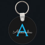 Blue Black Script Giron Monogram Name Schlüsselanhänger<br><div class="desc">Einfache Monogramm Name Keychains (Schlüsselkette) für Schwarz und Blau. Das macht den perfekten 16 Geburtstag,  Hochzeit,  Brautparty,  Jubiläum,  Babydusche oder Junggeselinnen-Abschied Geschenk für jemanden,  der Lieben glamourösen Luxus und schicke Stile.</div>