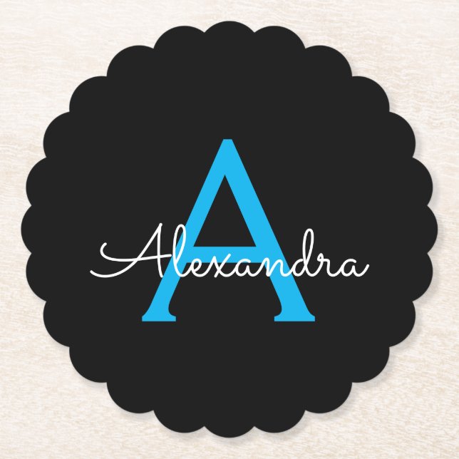 Blue Black Script Giron Monogram Name Untersetzer (Vorderseite)