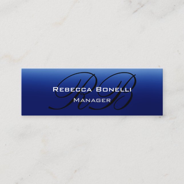 Blue Black Script Monogram Skinny Business Card Mini Visitenkarte (Vorderseite)