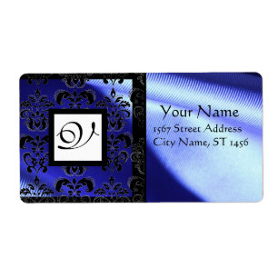 BLUE BLACK SILK DAMASK, SQUARE MONOGRAMM