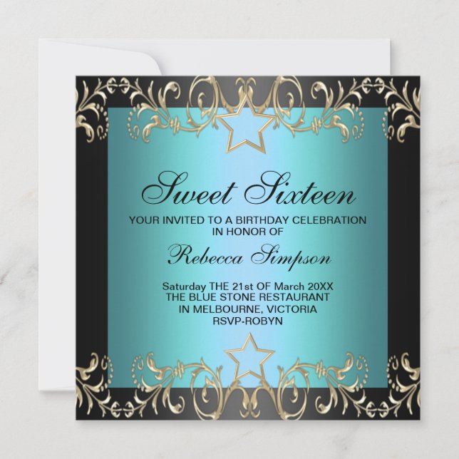 Blue & Black Star Sweet 16 Anniversaire Invitation (Devant)