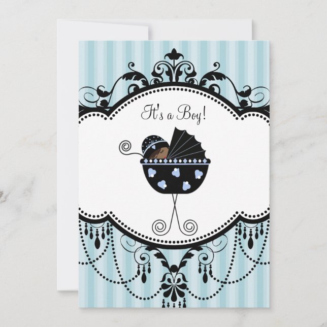 Blue Black Stripes Baby Boy Shower Invitations (Devant)
