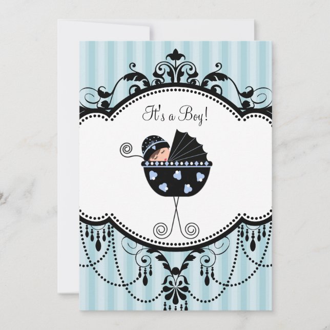 Blue Black Stripes Baby Boy Shower Invitations (Devant)