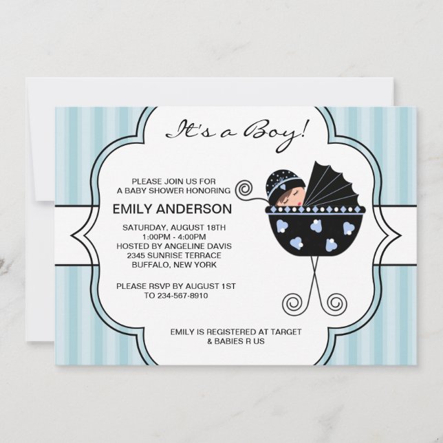 Blue Black Stripes Baby Boy Shower Invitations (Devant)