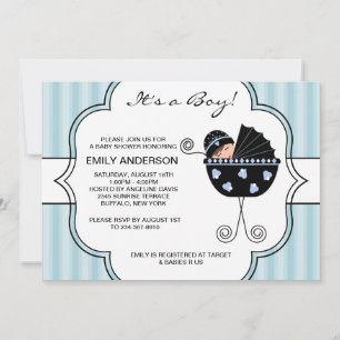 Blue Black Stripes Baby Boy Shower Invitations