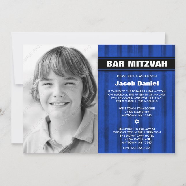 Blue Black Stripes Foto Bar Mitzvah Einladungen (Vorderseite)