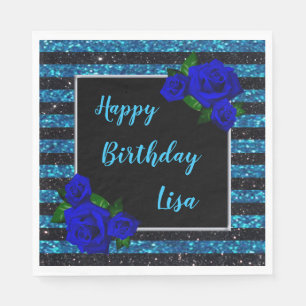 Blue Black Stripes Glitzer Deep Blue Rose Geburtst Serviette