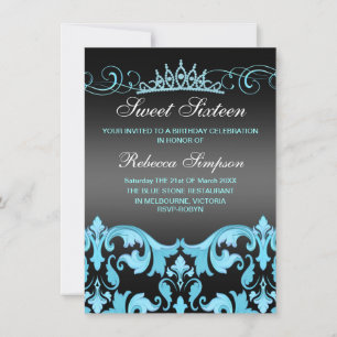 Blue/Black Sweet16 Damask & Tiara Birthday Invite Einladung
