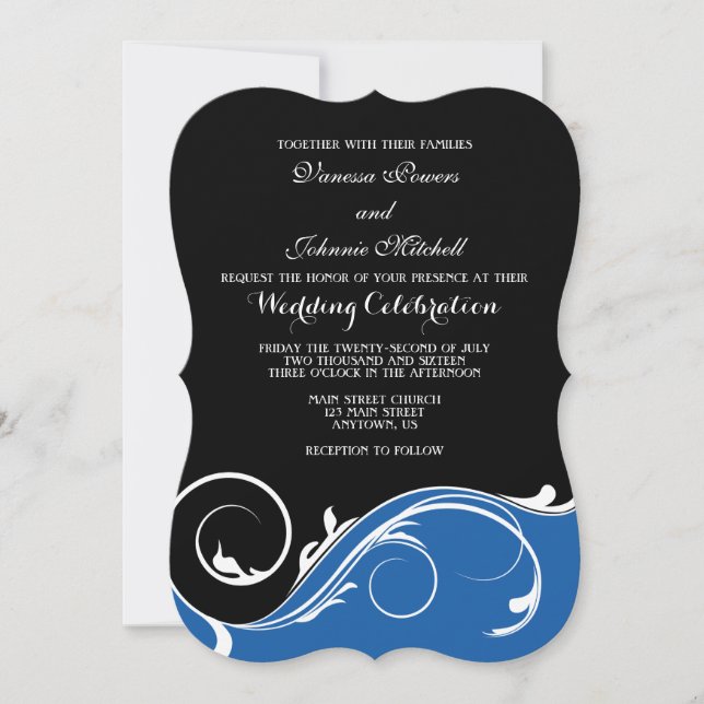 Blue Black Swirl Bracket Wedding Einladungen (Vorderseite)